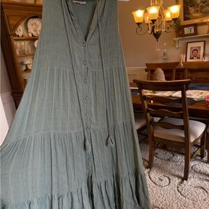 By Together Sage Green Tiered Button-Front Maxi Dress with Waist Ties